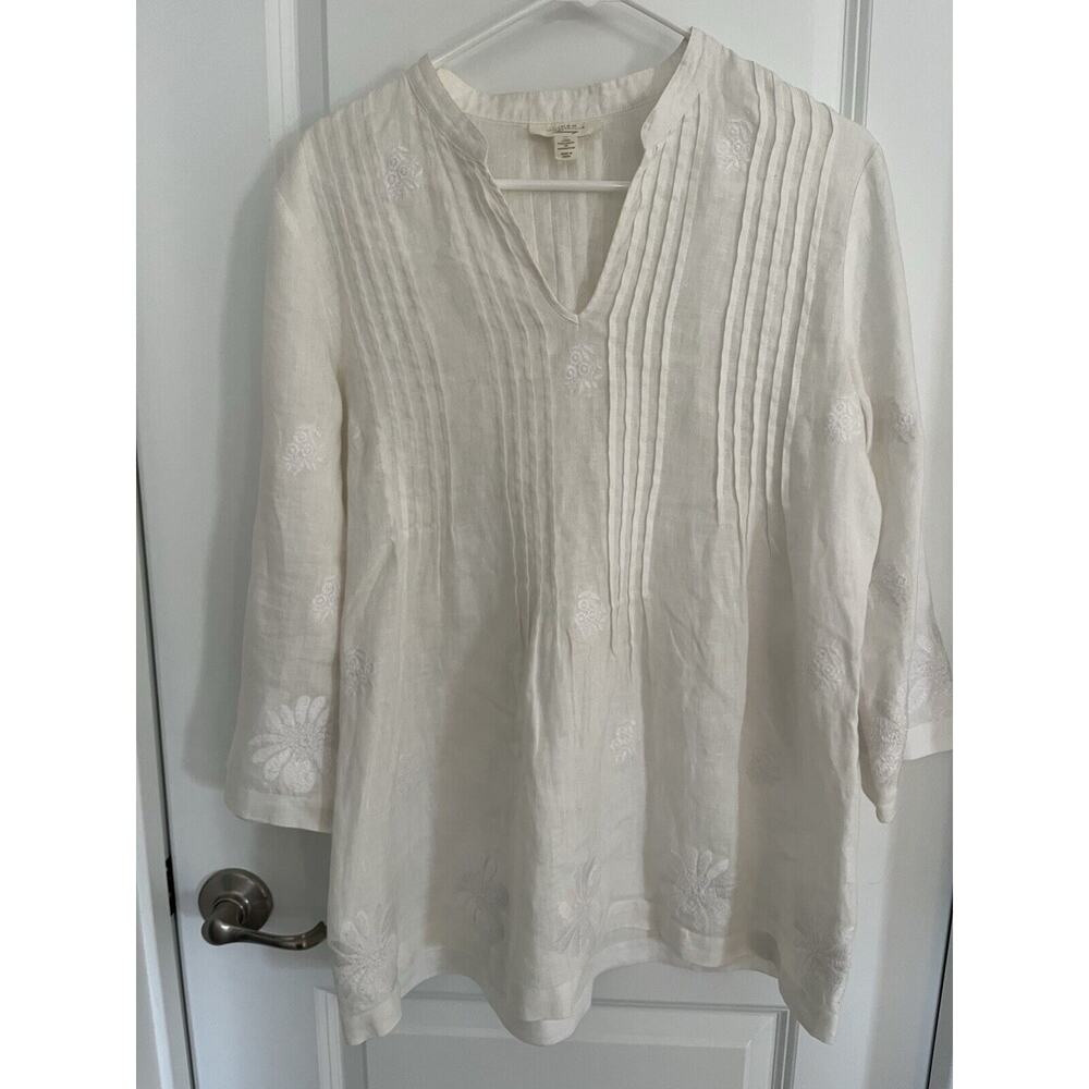 Charter club luxury linen white tunic top white embroidered flower accents